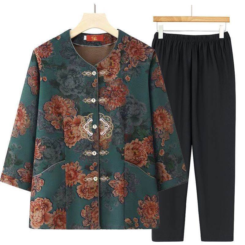 奶奶套装夏装衬衫妈妈七分中老年人衣服夏季老太太女装老人两件套