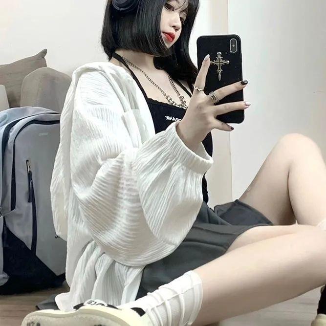 2025春夏季长袖防晒衣女大学生薄款宽松上衣百搭连帽外搭薄款开衫