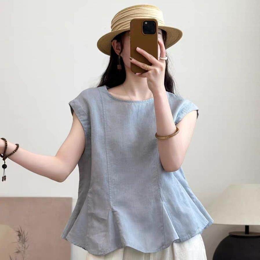 白色无袖衬衫女夏季新款宽松显瘦圆领荷叶边小飞袖上衣