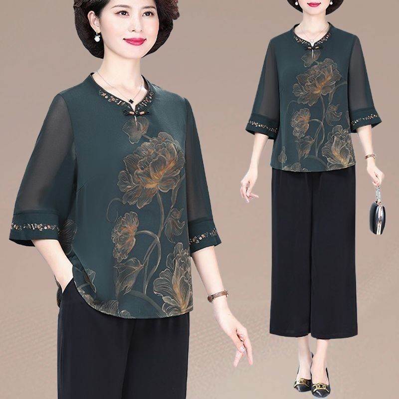 奶奶妈妈夏装雪纺套装洋气中袖小衫上衣服中老年人夏季女装