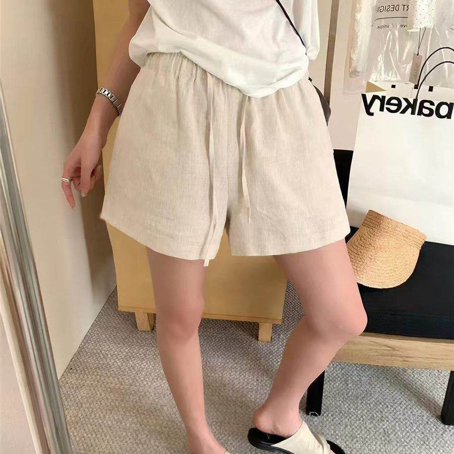 白色棉麻短裤女夏季直筒五分裤高腰显瘦a字阔腿短款抽绳亚麻裤子
