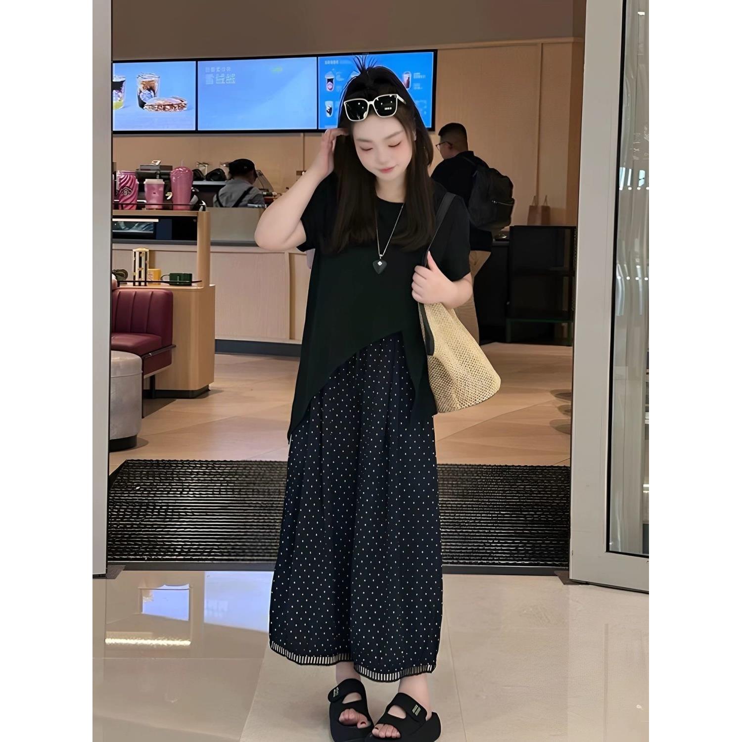 微胖mm大码女装显瘦不规则短袖T恤高腰直筒阔腿裤两件套套装