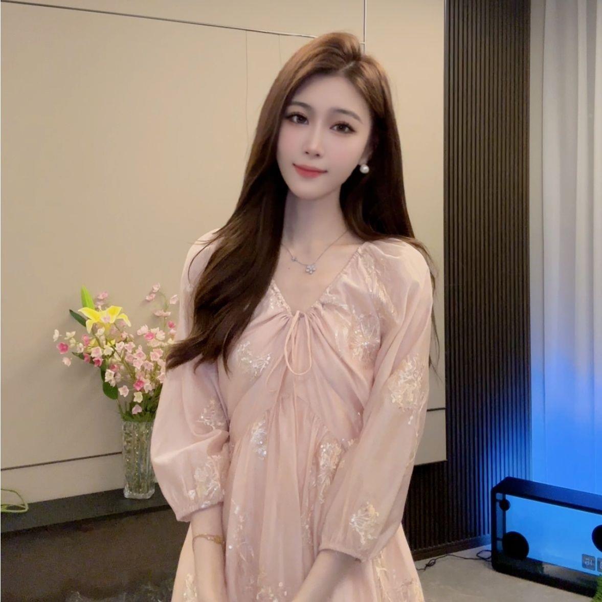 超仙v领长袖连衣裙韩版夏装新款碎花很仙女裙宽松甜美多巴胺长裙