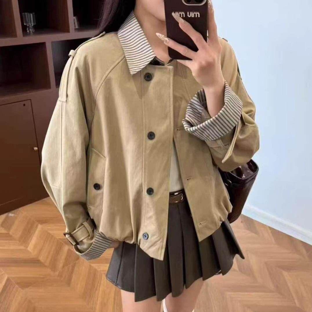 韩系条纹拼接假两件风衣外套女春秋新款高级气质百搭立领短款上衣
