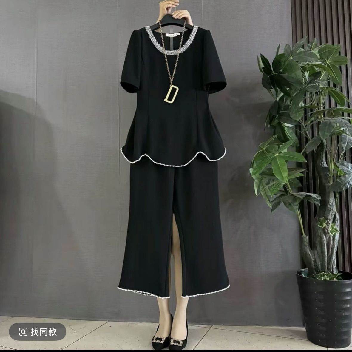 胖妹妹大码女装夏季新款重工钉珠修身遮肉甜美减龄时尚简约套装