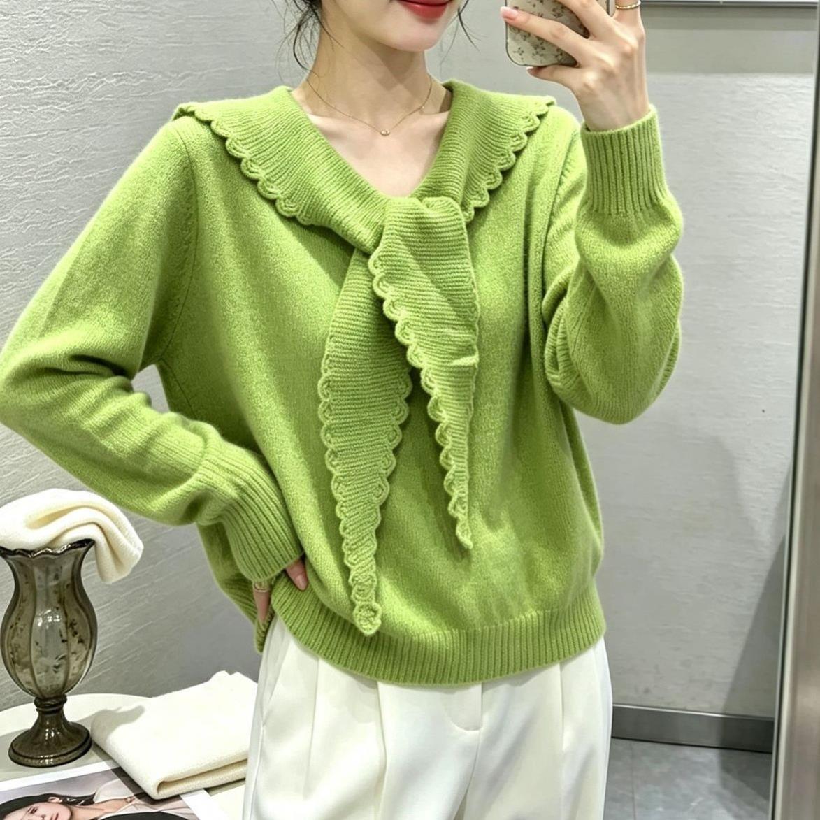 甜美海军系带针织衫秋季新款设计宽松飘带显瘦百搭减龄长袖上衣