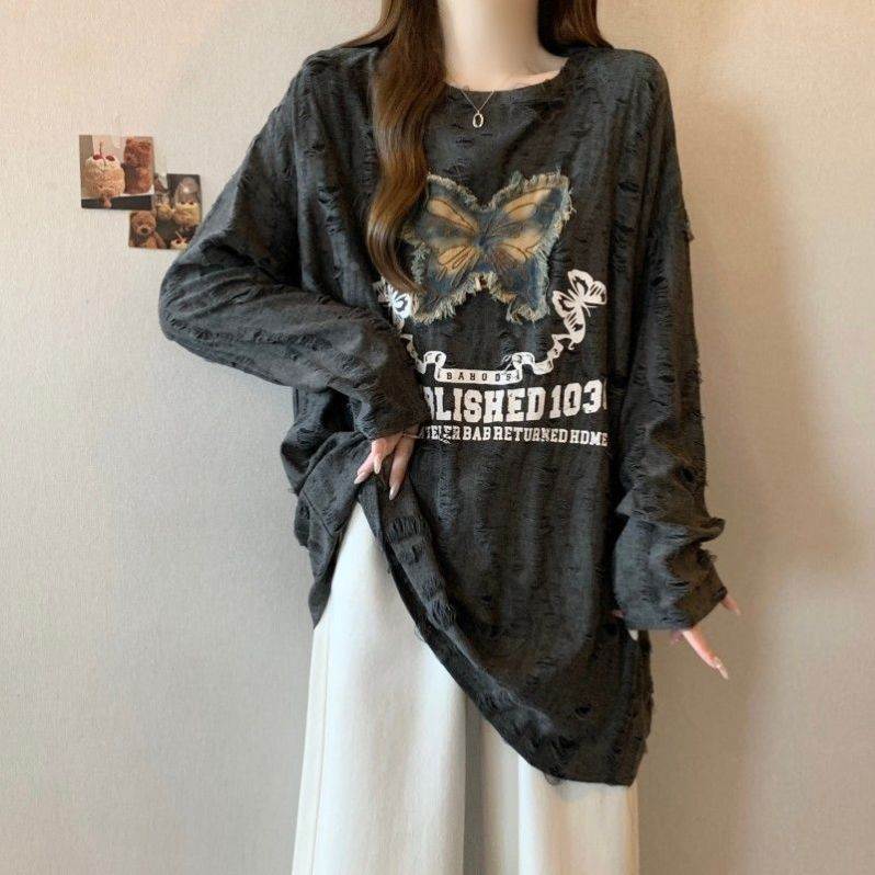 复古牛仔蝴蝶刺绣宽松长袖t恤女春秋大码胖mm慵懒风褶皱显瘦上衣