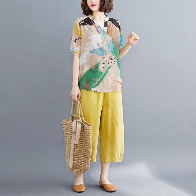 棉麻套装女中年妈妈装宽松印花夏季时尚休闲亚麻衬衣阔腿裤两件套
