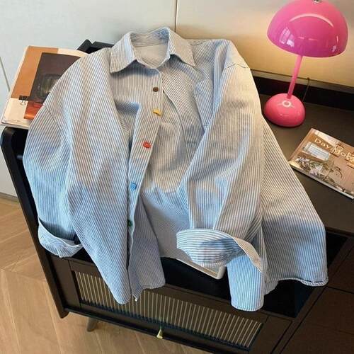 蓝色条纹衬衫女POLO领宽松显瘦日常穿搭休闲小清新衬衣外套上衣
