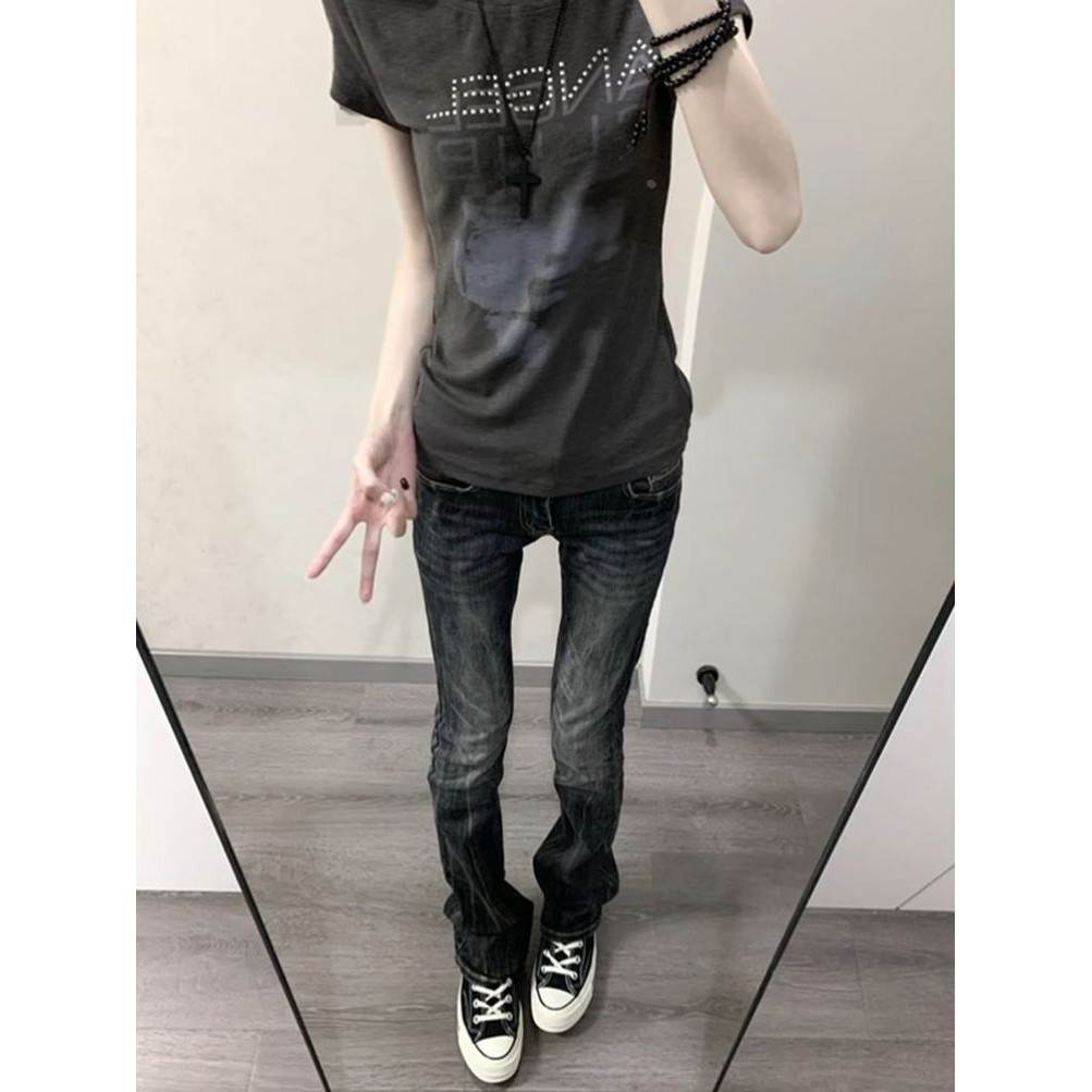 美式黑灰色潮酷窄版弹力低腰微喇牛仔裤女夏季新款辣妹显瘦直筒裤