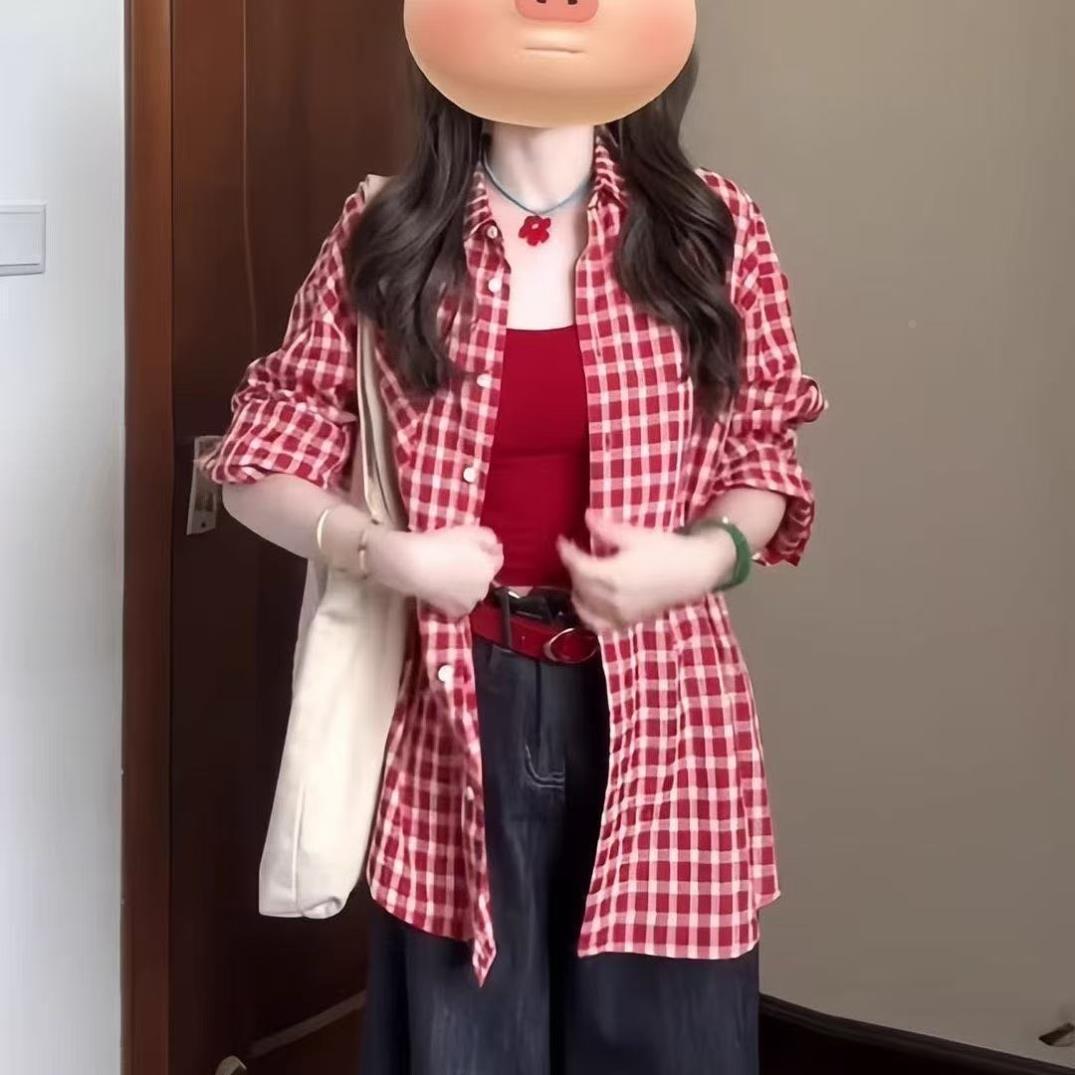 韩版新款衬衫复古红色格子女叠长袖衬衣遮肉宽松休闲外穿开衫上衣