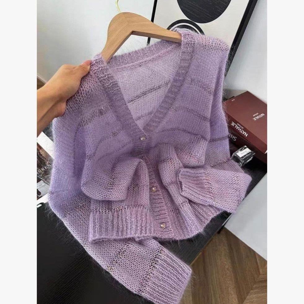 紫色法式小香风薄款镂空条纹针织开衫女春秋气质外穿V领短款上衣