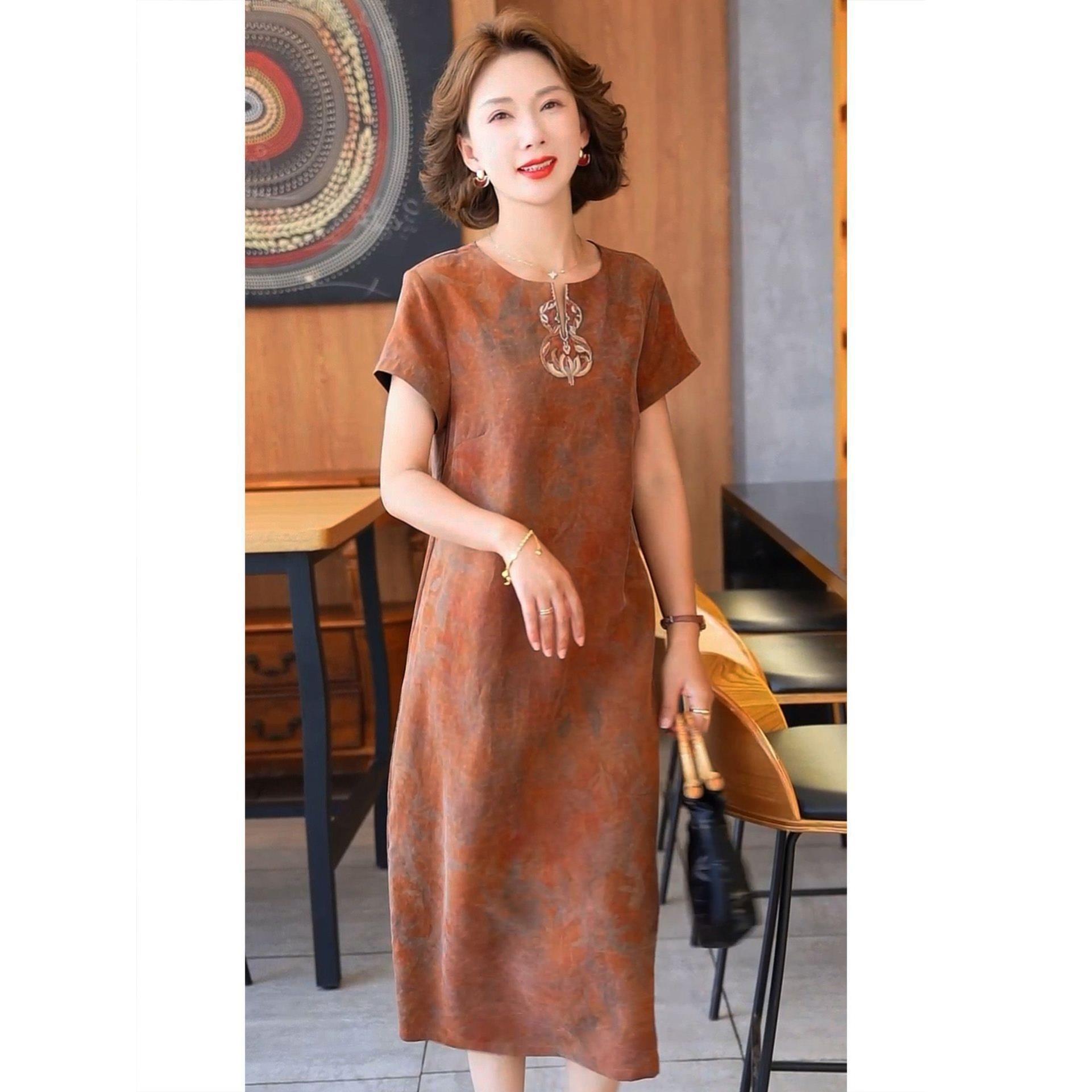 2026新款桑妈妈绣花香云纱连衣裙宽松女夏杭州丝绸丝裙子女