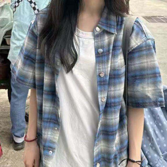 蓝色格子衬衫短袖夏季高级情侣宽松美式半袖复古韩版港衬衣