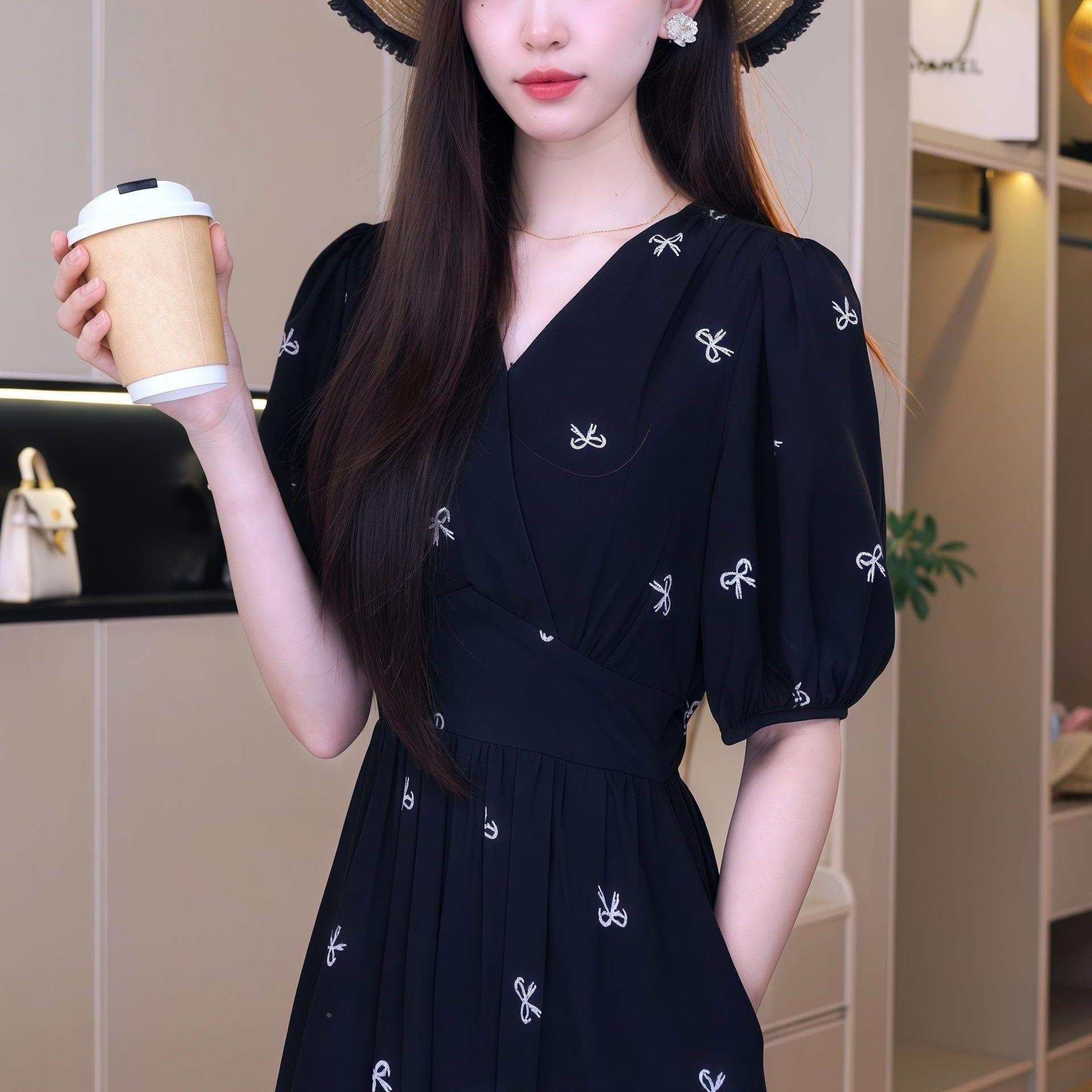 黑色V领蝴蝶结碎花连衣裙新款大码胖mm复古气质收腰显瘦中袖A字裙