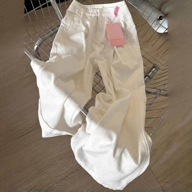 175高个子加长白色褶皱纹理感牛仔裤女设计感宽松显瘦垂感阔腿裤