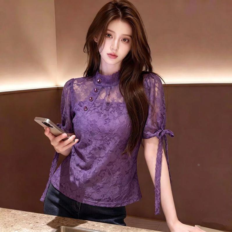 2026夏季新款韩系紫色蕾丝上衣减龄显白时尚气质精致小众高端女装