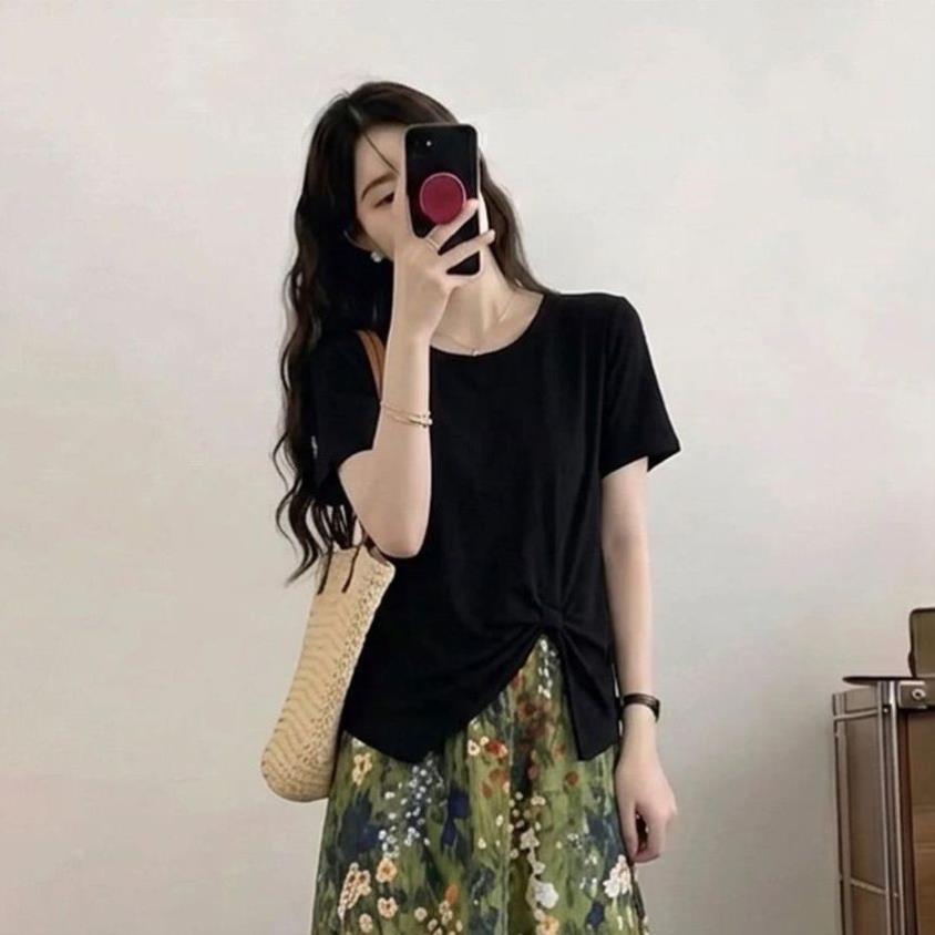 大码时尚不规则下摆短袖T恤女夏季胖mm显瘦高腰油画半身裙两件套
