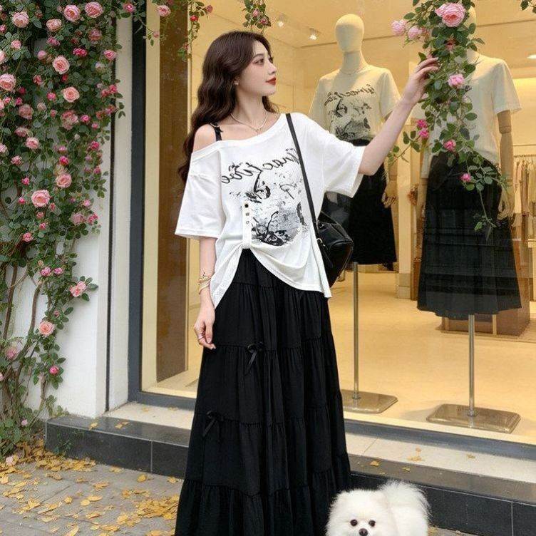 胖mm特大码300斤夏装减龄一整套女新款宽松露肩T恤半身裙套装女