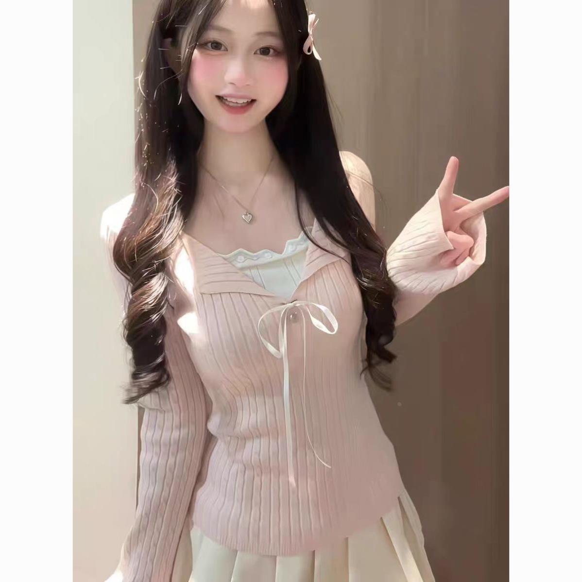 纯欲蕾丝蝴蝶结系带假两件T恤女春季2026新款条纹长袖打底衫上衣