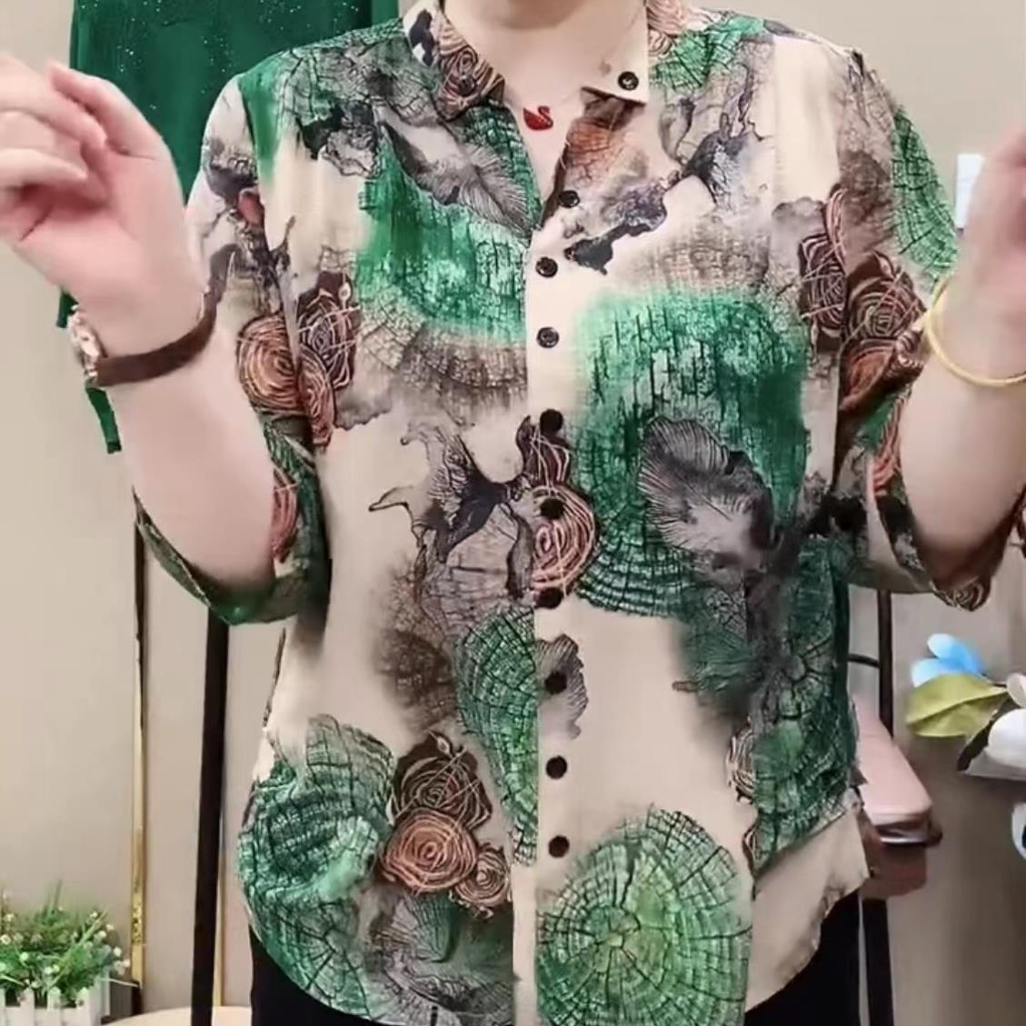高档中老年时尚胖妈妈装2023夏新款宽松上衣女老年人衣服富婆衬衫