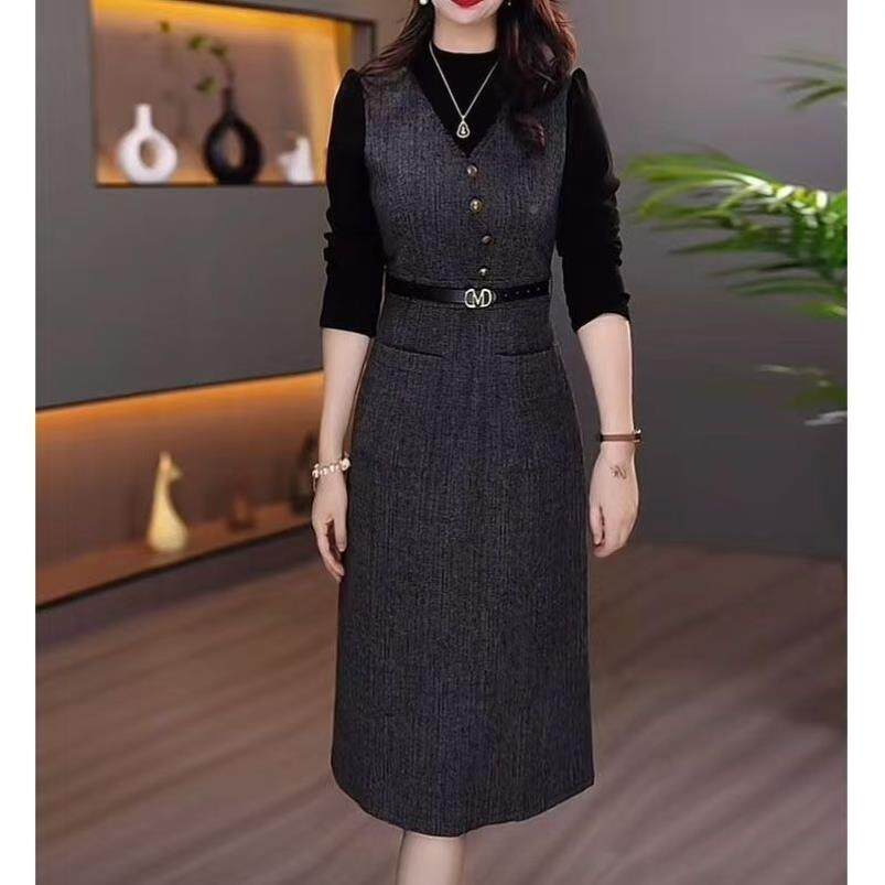 高档精纺假俩件连衣裙女春秋新款时尚奢华妈妈装收腰减龄休闲裙子
