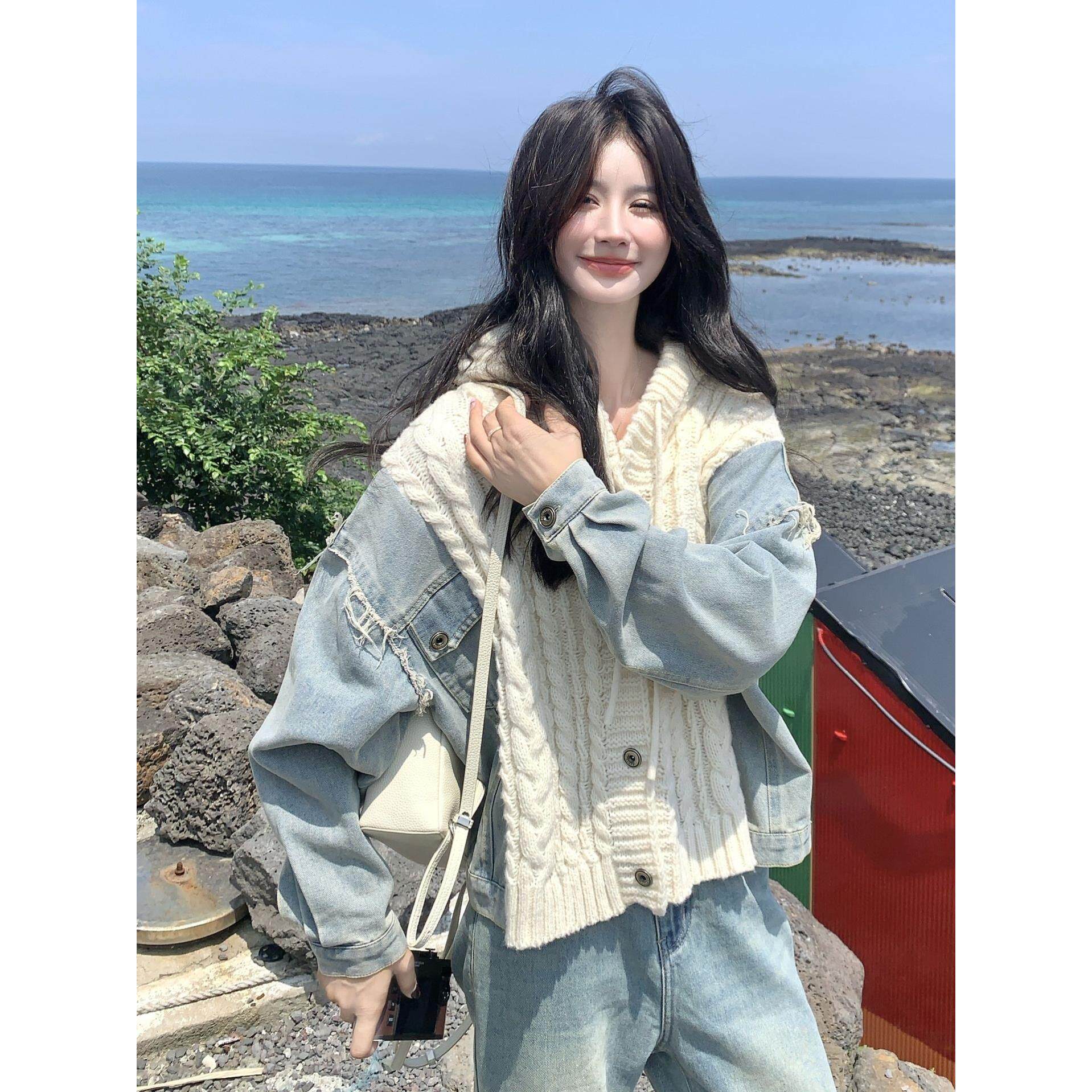 白色针织连帽牛仔外套女 春秋2025新款韩系软糯 时尚设计感短款上