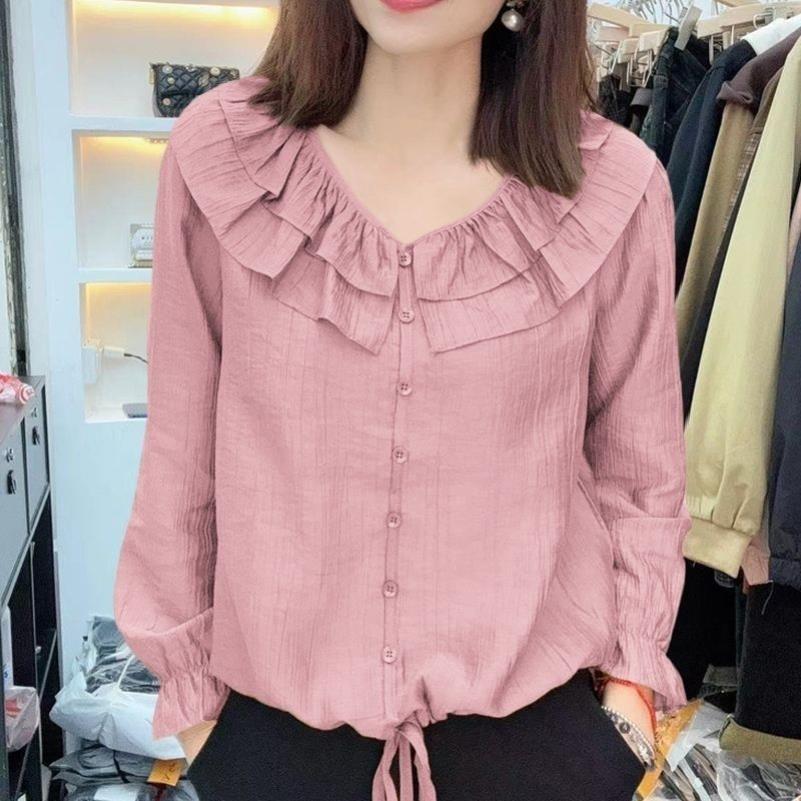 2025宽松娃娃领长袖衬衫女秋冬新款宽松洋气喇叭袖荷叶边衬衣上衣