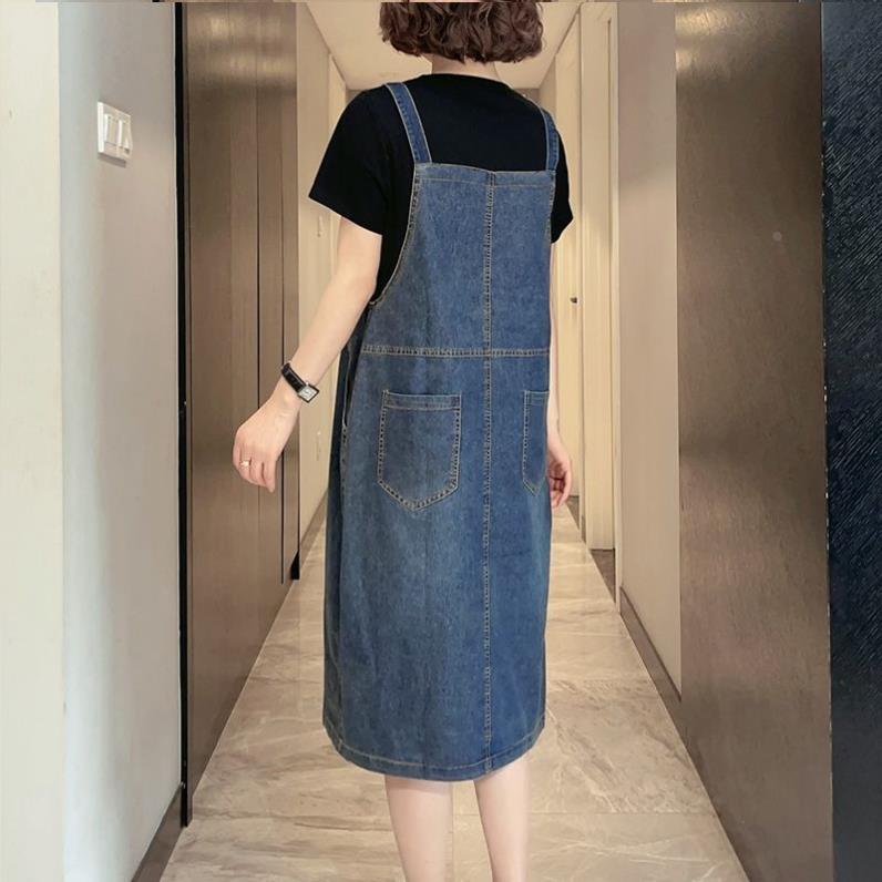 韩版休闲时尚大码假两件牛仔连衣裙女2026夏季新款遮肚显瘦背带裙