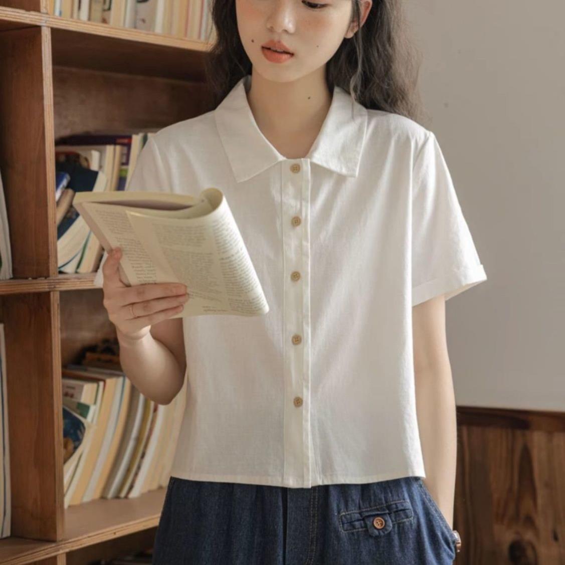 含棉法式白色短袖衬衫女夏设计感小众夏季新款复古衬衣港味上衣