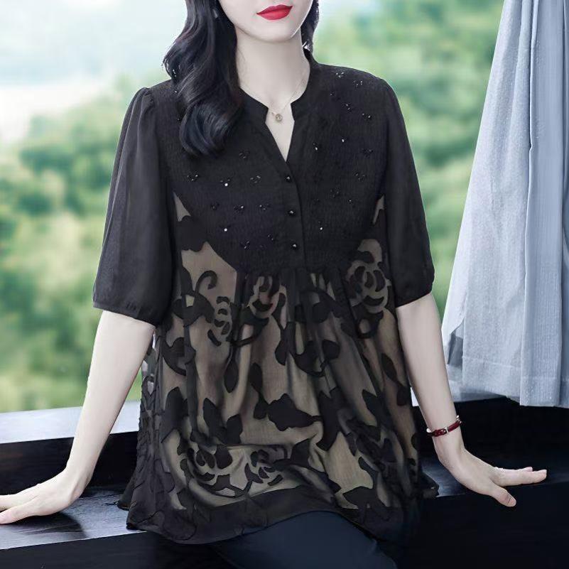 高档提花妈妈胖人女装小衫大码遮肉遮肚遮胯宽松夏季新款宽松上衣