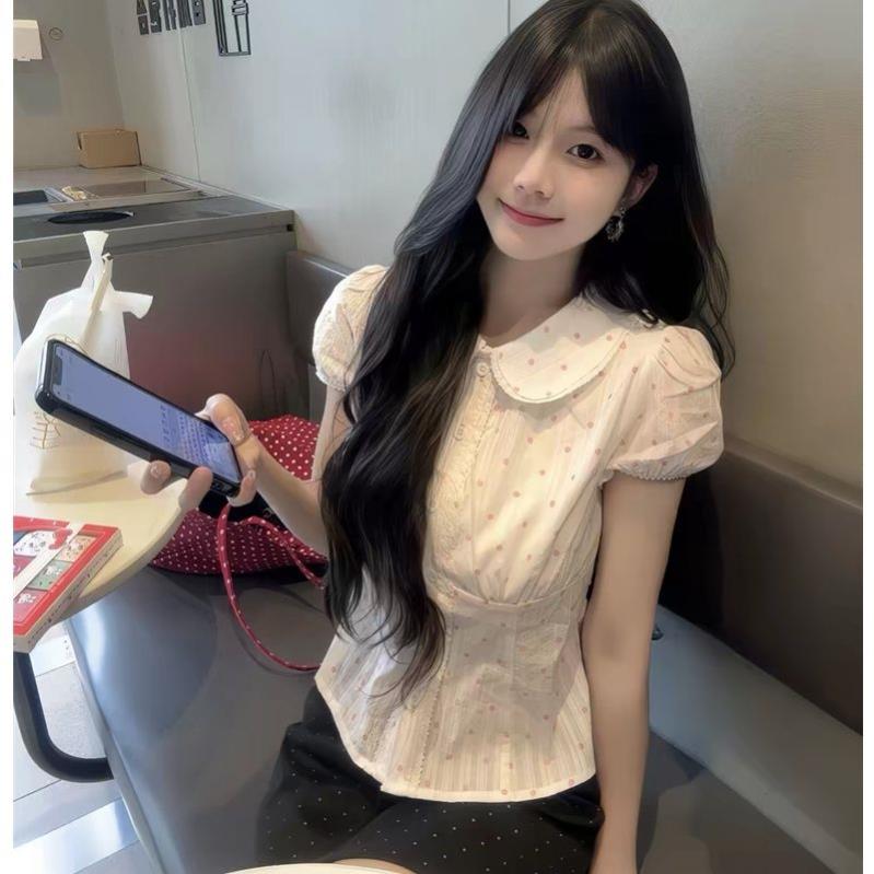 韩系温柔棉波点娃娃领短袖衬衫女夏季甜美白色衬衣收腰短款上衣