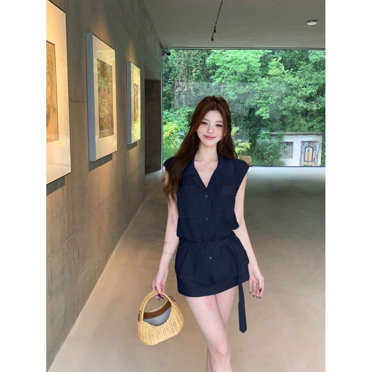 老钱风套装绑带翻领无袖衬衫上衣女夏季气质高腰包臀半身裙两件套