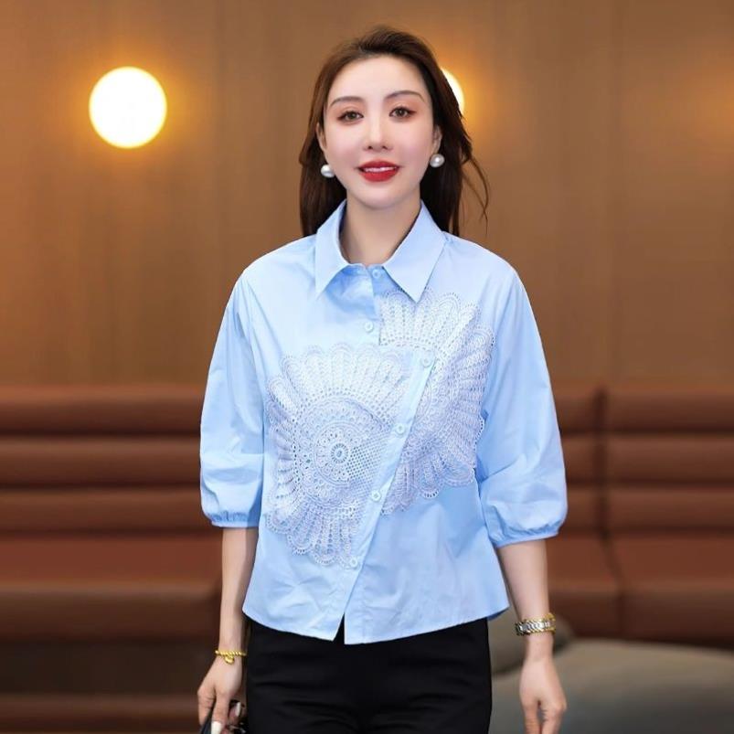 设计感中袖衬衫女2025夏季新款七分袖上衣高端洋气减龄不规则衬衣