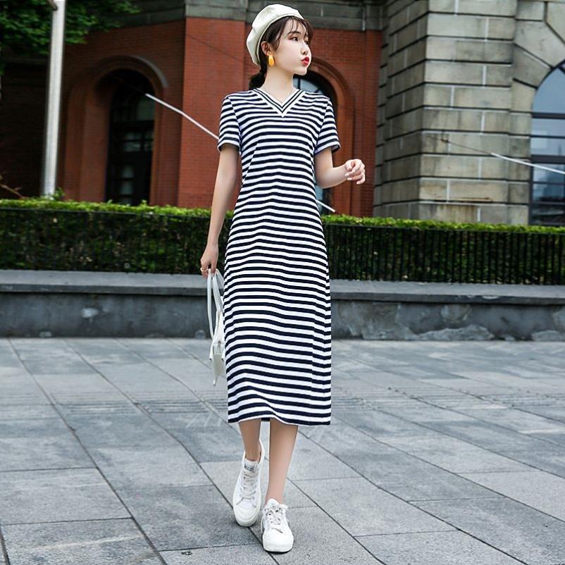 条纹连衣裙收腰显瘦长款女 夏季棉2026年修身短袖长款t恤连衣裙