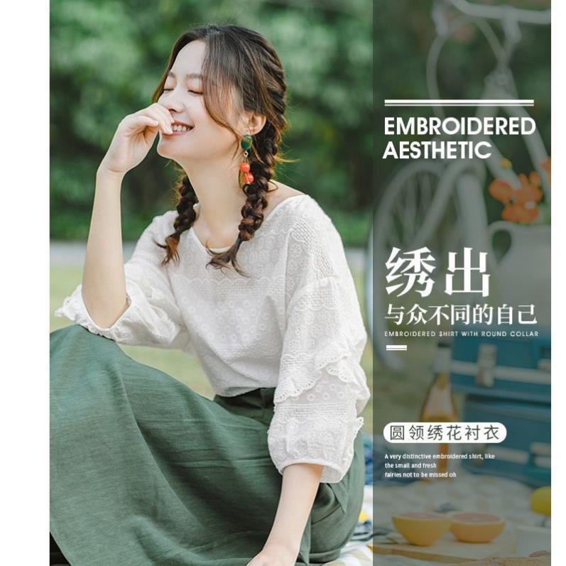 棉衬衣夏装甜美复古花纹镂空花边灯笼袖白衬衫女士宽松套头