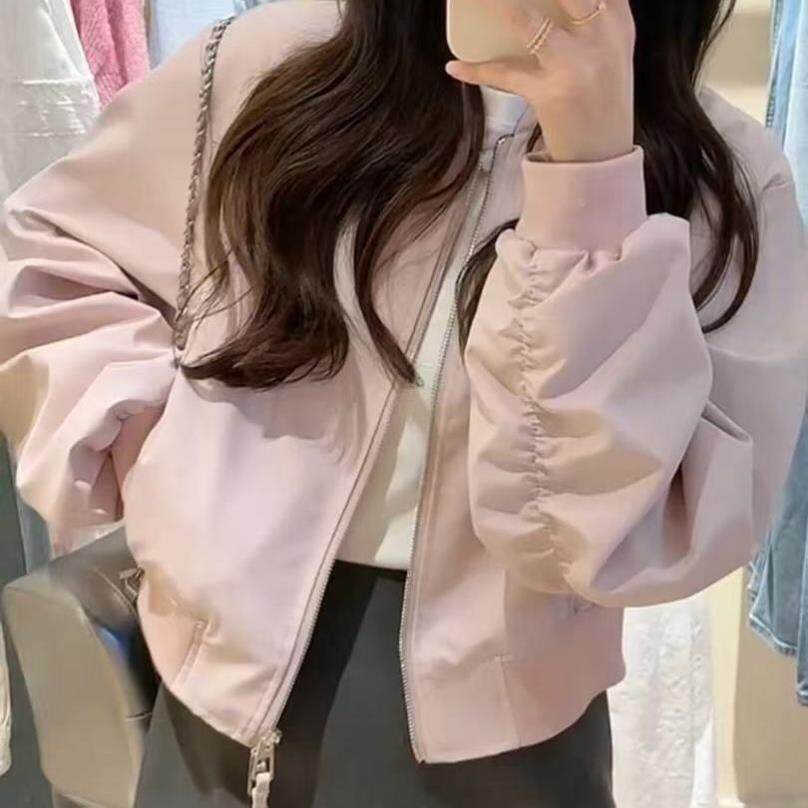 美式浅粉色短款棒球服 春秋新款简约时尚 宽松休闲上衣女