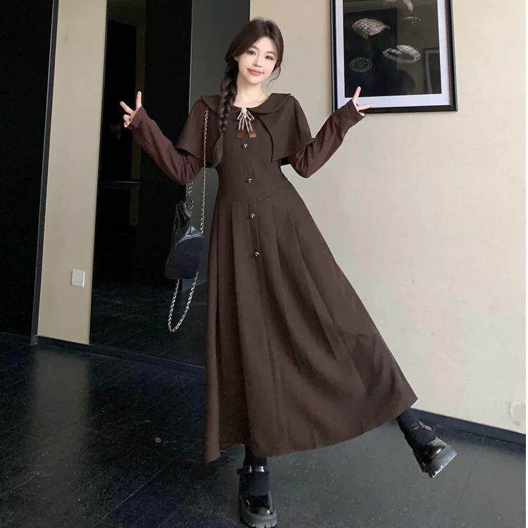 大码高级感斗篷披肩连衣裙 女春秋胖mm韩系复古 显瘦收腰长裙子