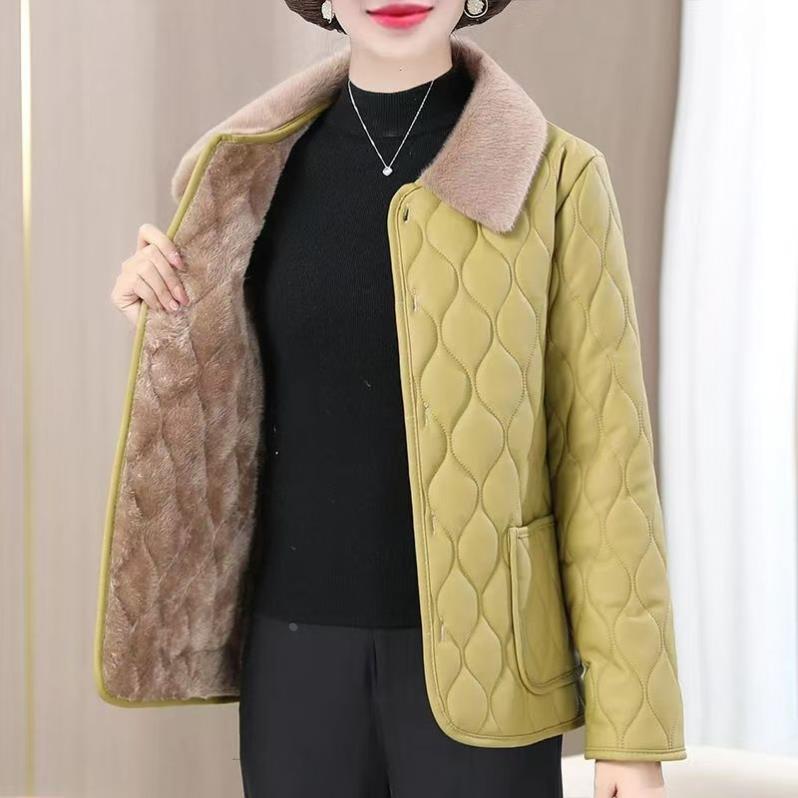 冬季新款中老年妈妈外套棉袄加绒PU皮棉衣加厚棉服保暖秋冬带毛领