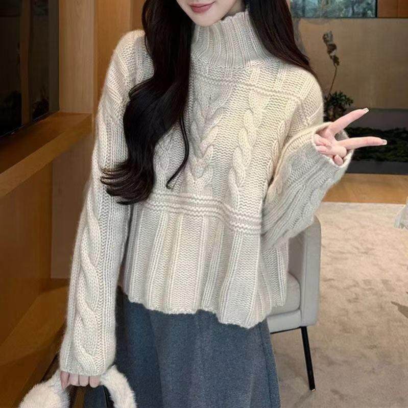 2025冬季新款 韩版半高领麻花毛衣女 小众设计宽松显瘦