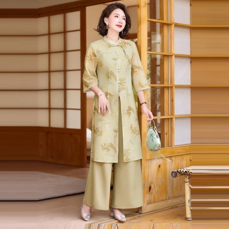 中年妈妈夏装中长款外套阔腿裤套装春夏季七分袖国风上衣女两件套