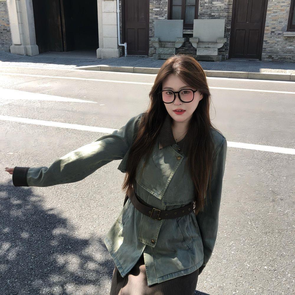 大码女装早初秋复古拼接牛仔外套灯芯绒半身裙套装胖mm显瘦