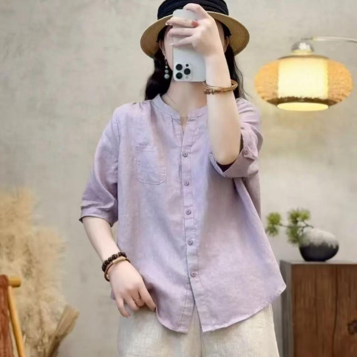 100%亚麻V领中袖纯色衬衫女夏季新款透气文艺宽松时尚百搭衬衣女