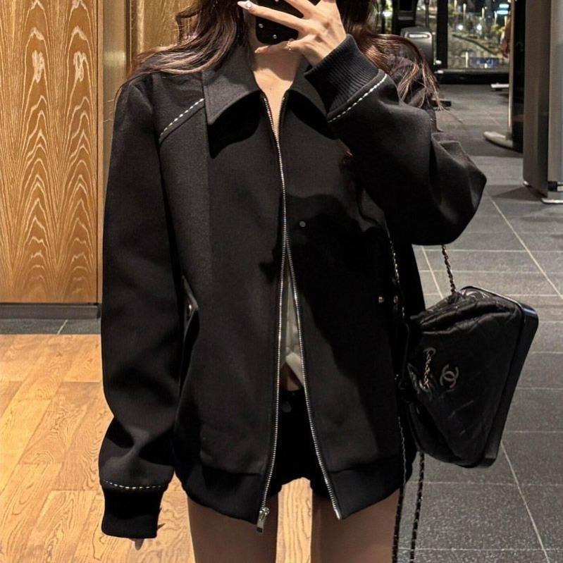 美式复古黑色棒球外套女学生春季撞色设计感翻领休闲百搭宽松夹克