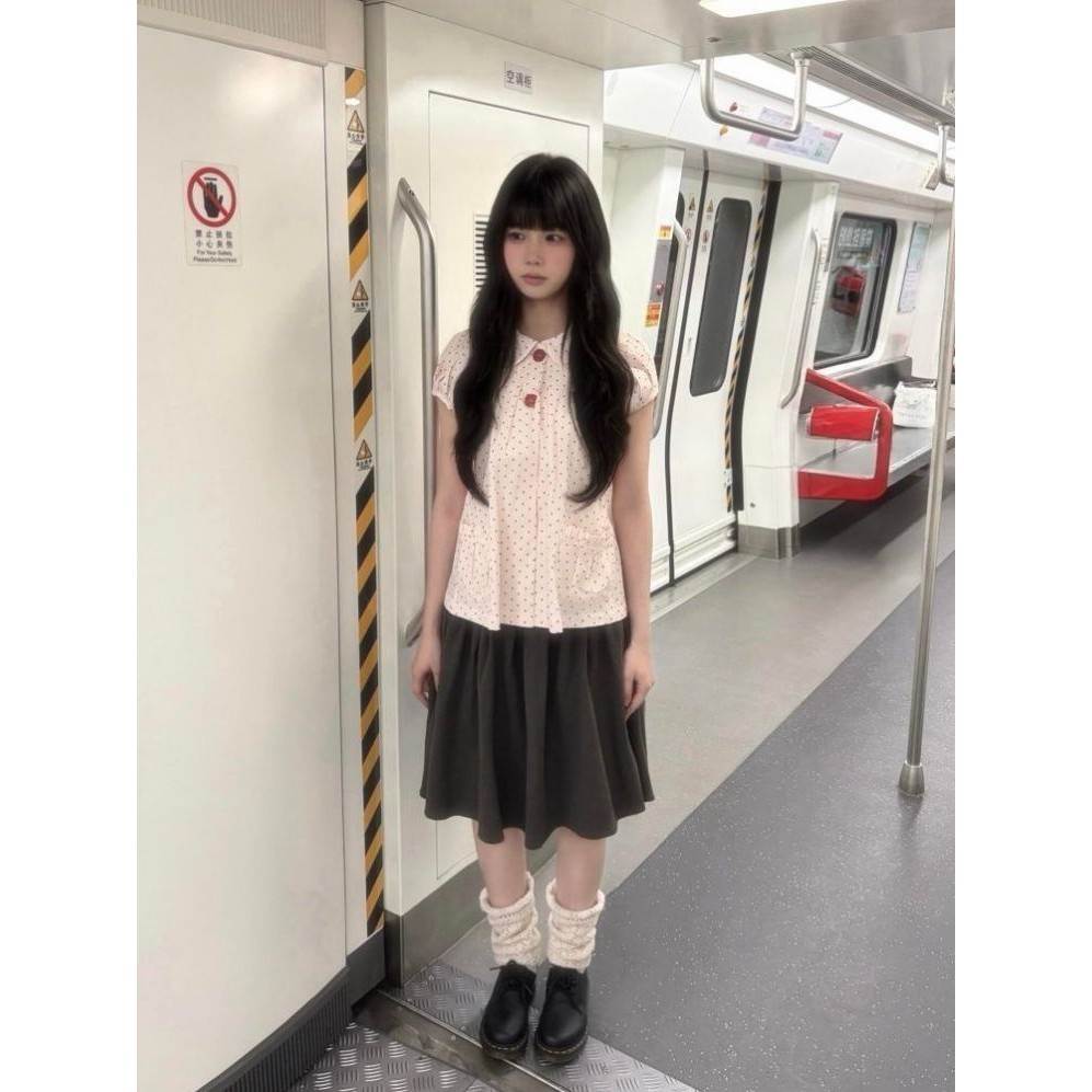 中令亚韩系甜美少女感娃娃领波点衬衫短袖上衣搭配半身裙两件套装