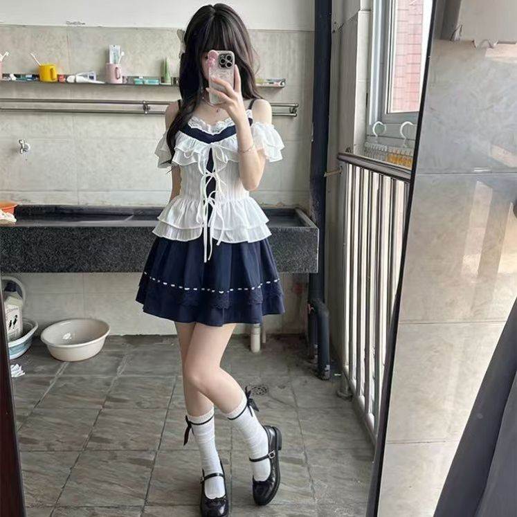 日系甜美精致小众时尚套装荷叶边收腰系带开衫蕾丝拼接吊带连衣裙