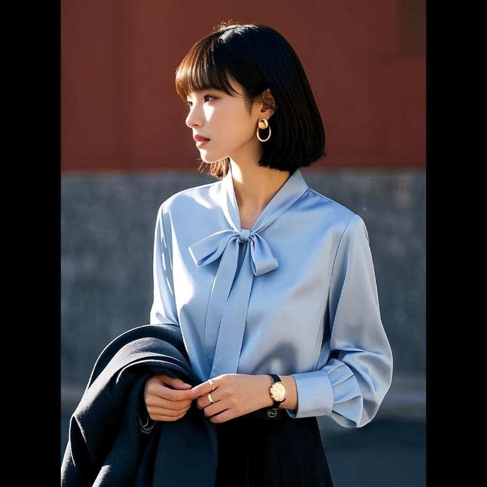 红色缎面真丝衬衫女蝴蝶结系带垂感气质通勤OL桑蚕丝上衣春秋新款