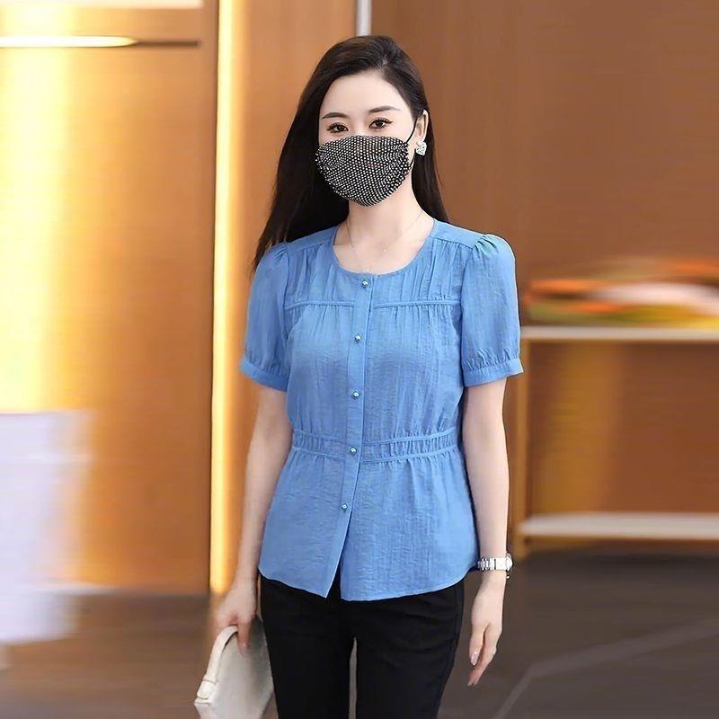 2025夏季新款上衣短袖衬衫时尚收腰设计圆领纯色洋气减龄小衫