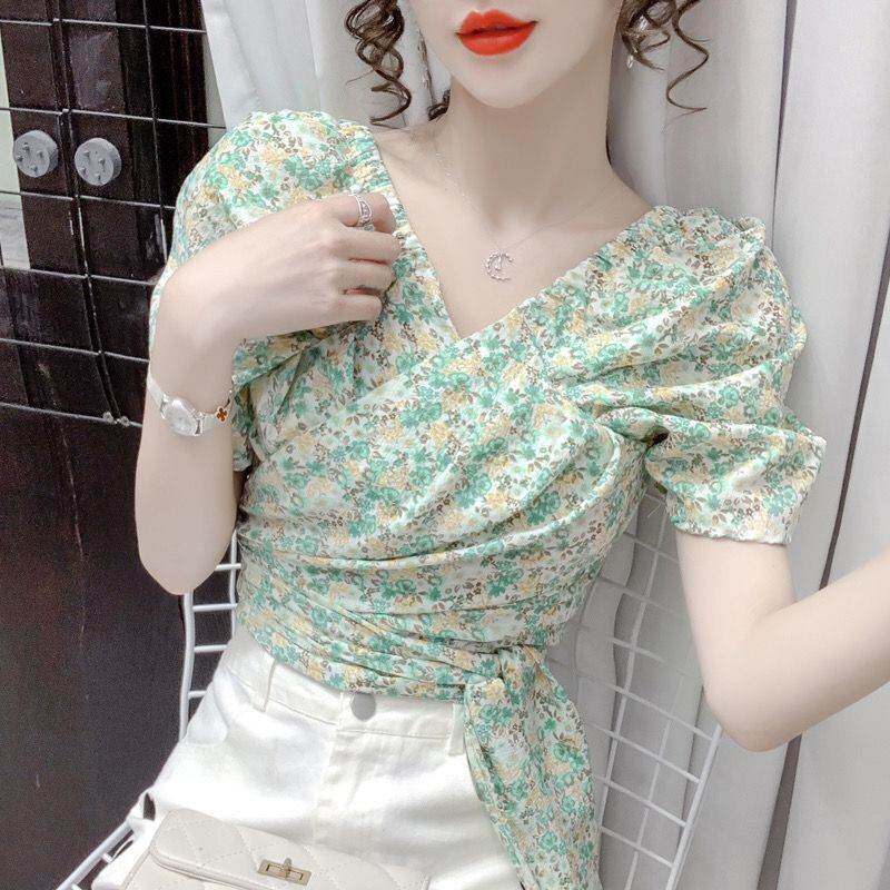 清新少女心甜美短袖系带碎花衬衫气质名媛气质夏装新宠