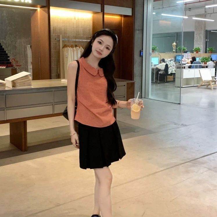 甜美系小个子夏季设计感显白格子娃娃领无袖衬衫复古减龄小衫上衣